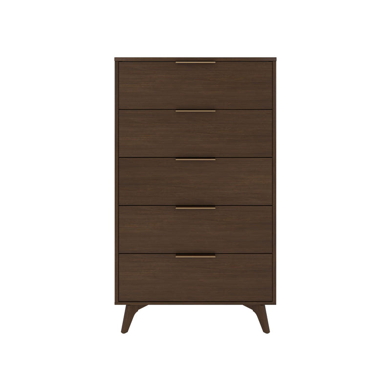Mid-century modern 5-drawer walnut dresser with tapered legs and brass handles — tall bedroom chest of drawers for clothing storage