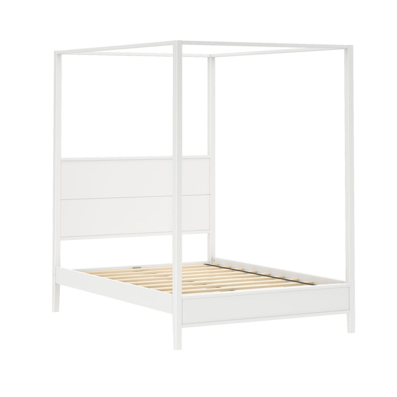 Modern white painted-wood canopy bed frame with four posts and wooden slat platform base, minimalist four-poster bed for contemporary bedroom furniture