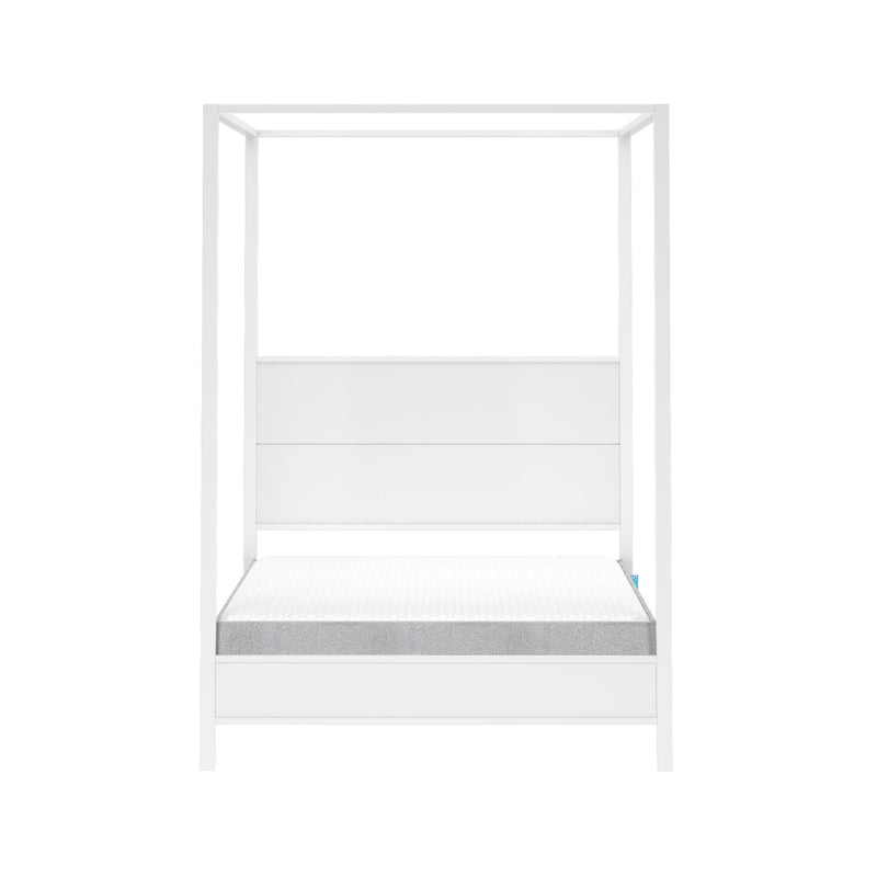 Minimalist white wooden four-poster canopy platform bed with paneled headboard and low-profile mattress isolated on white background