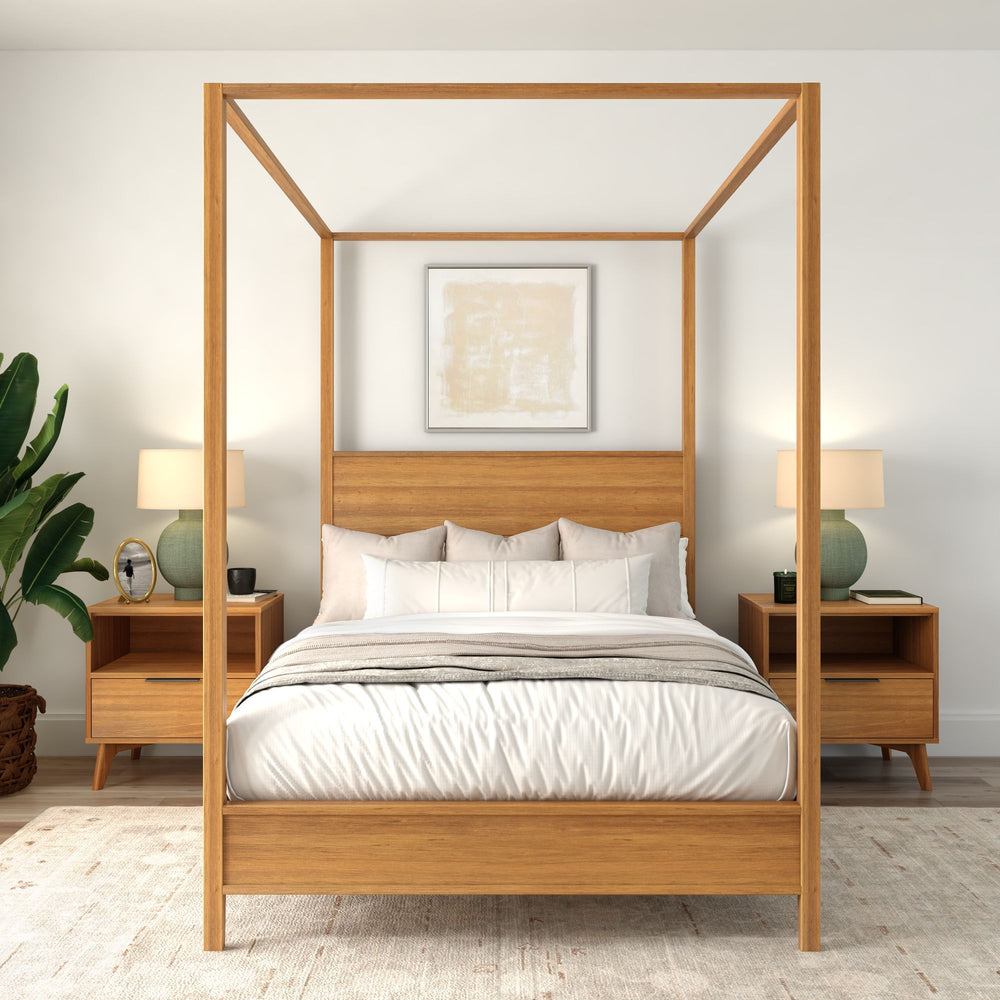 Modern wooden canopy bed with white bedding, flanked by stylish nightstands and soft lighting in a serene bedroom setting.
