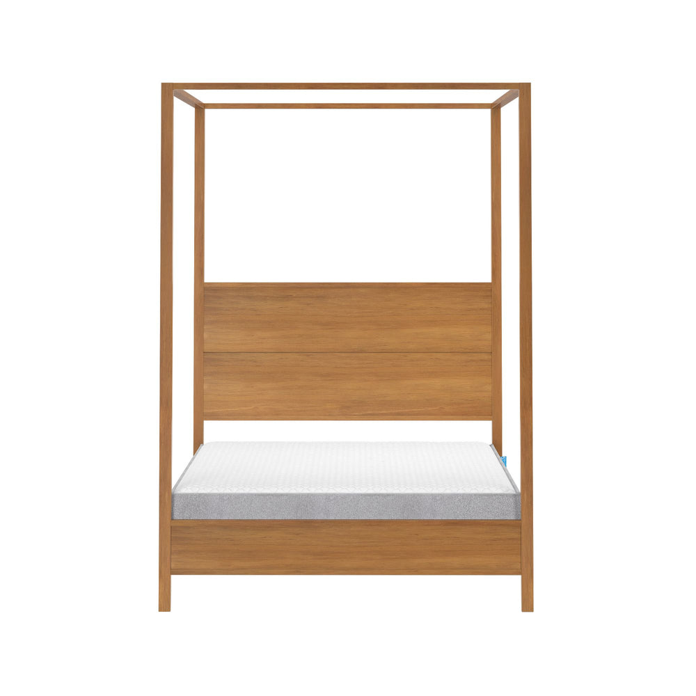 Wooden canopy bed frame with a modern design and sleek, minimalist finish.