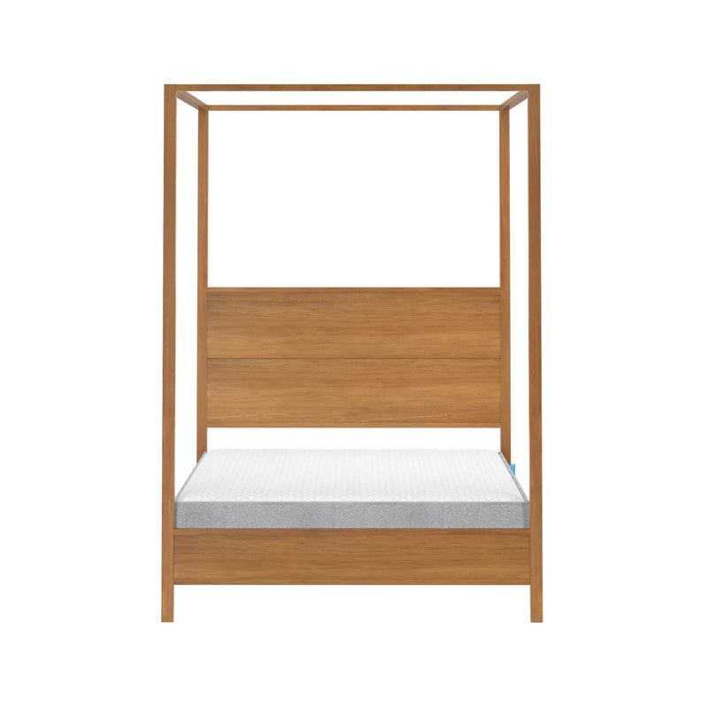 Wooden canopy bed frame with a modern design and sleek, minimalist finish.