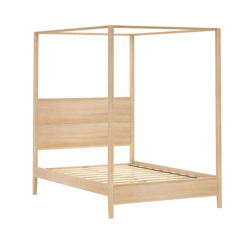 Minimal natural wood four-poster canopy bed frame with slatted platform base and paneled headboard, modern Scandinavian-style platform bed in light oak finish