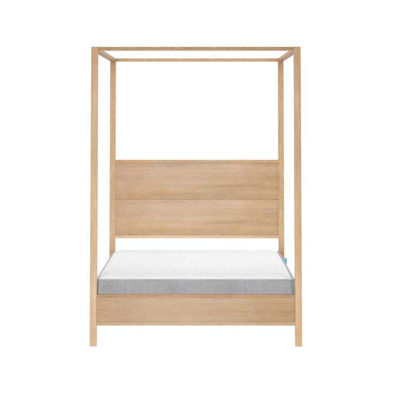 Minimalist natural oak four-poster canopy bed frame with platform base and mattress, modern wooden bedroom furniture