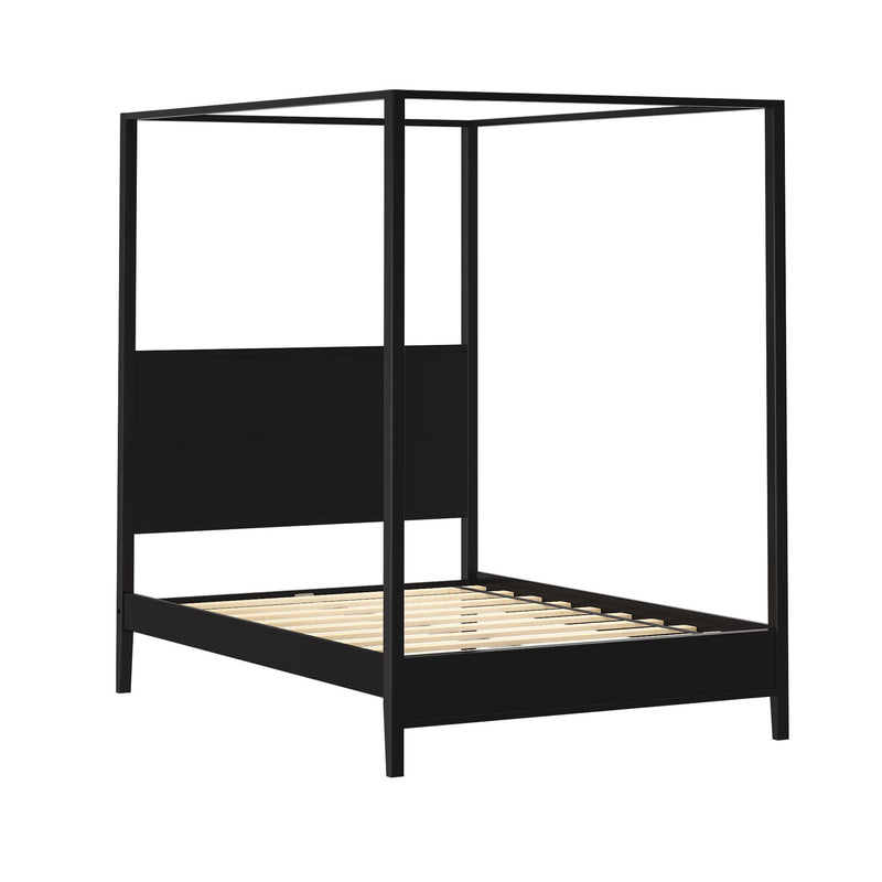 Black four‑poster canopy bed frame with slatted platform base, modern minimalist bedroom furniture
