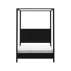 Modern black wooden canopy bed frame with white mattress, minimalist four-poster bed furniture on white background