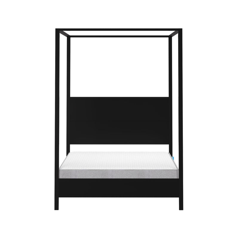 Modern black wooden canopy bed frame with white mattress, minimalist four-poster bed furniture on white background