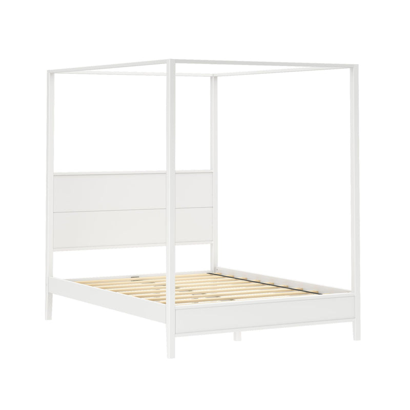 White minimalist canopy four-poster bed frame with slatted wooden base and paneled headboard, modern platform bedroom furniture