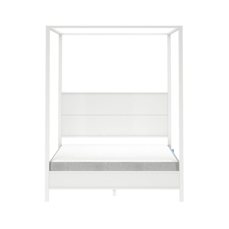 Modern white four-poster canopy bed frame with panel headboard and mattress, minimalist platform bed, contemporary bedroom furniture