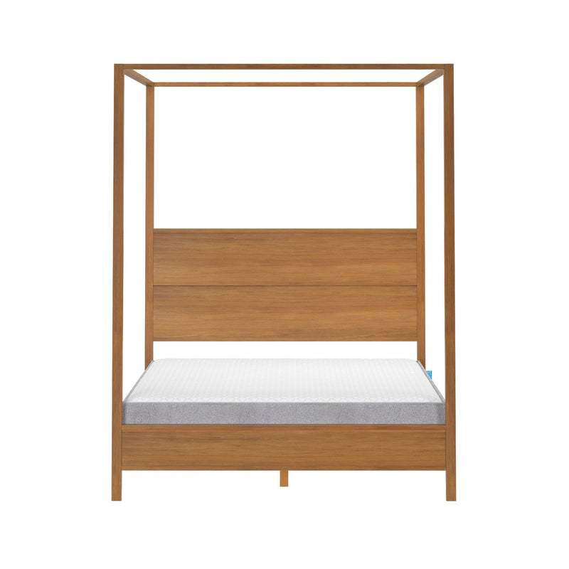 Four-poster wooden bed frame with headboard and mattress.