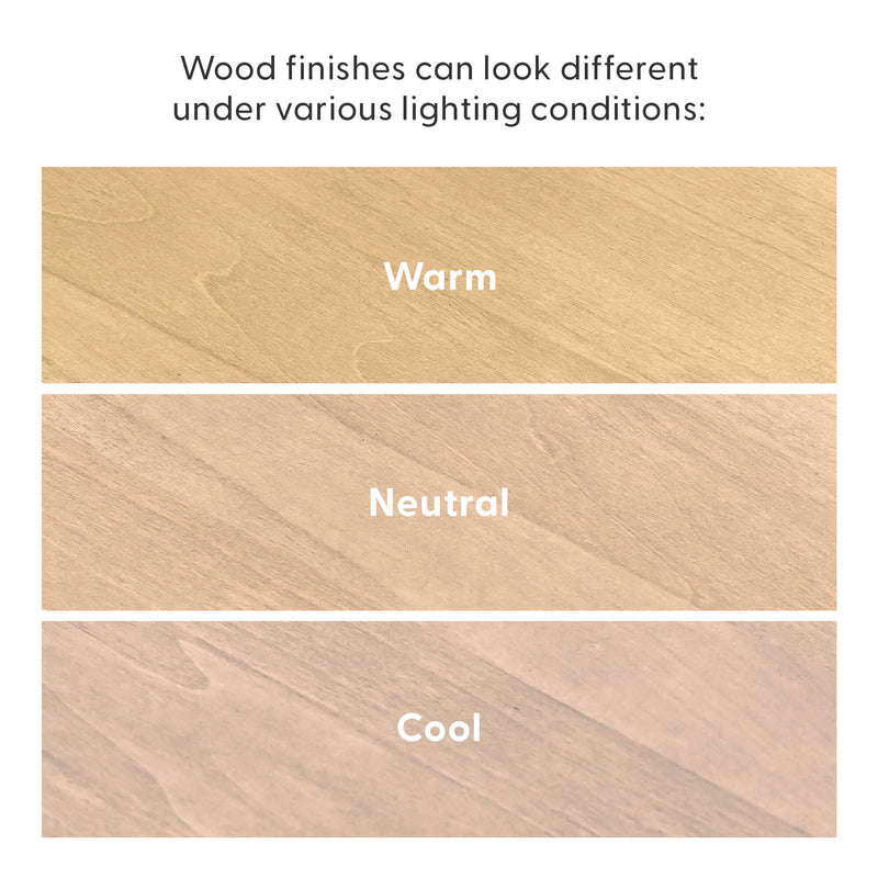 Light wood finish color comparison showing warm, neutral, and cool lighting effects on three rectangular swatches with visible wood grain