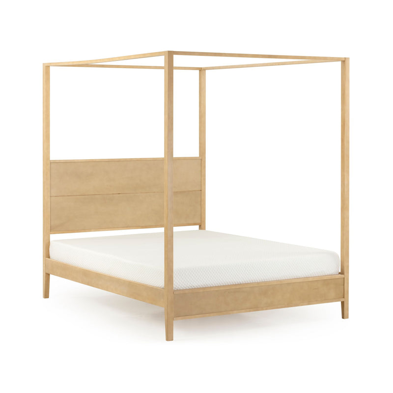 Light wood four-poster canopy platform bed with white mattress, modern minimalist bedroom furniture in natural wood finish