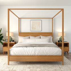 Modern wooden canopy bed in stylish bedroom with cozy lighting and minimal decor.