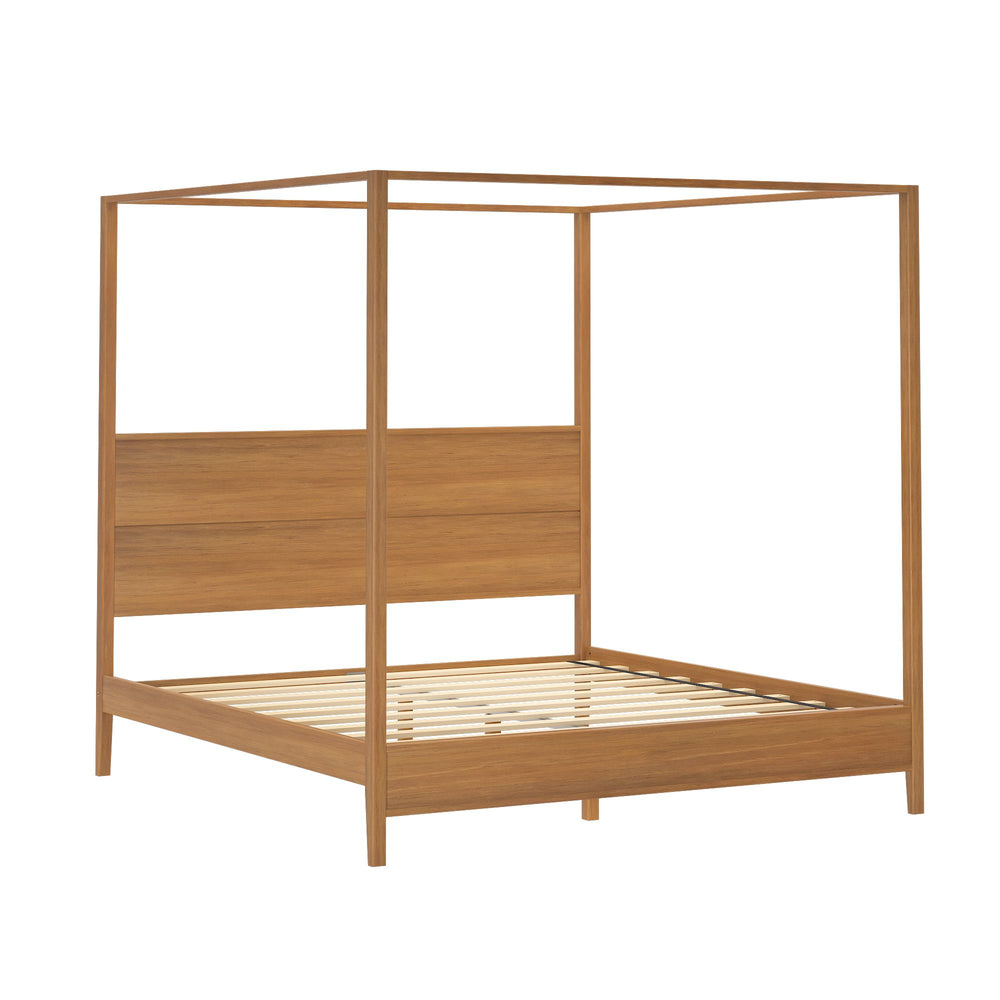 Four-poster wooden bed frame with minimalist design.