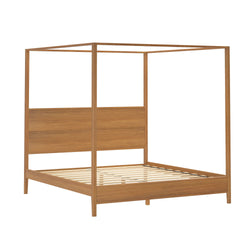 Four-poster wooden bed frame with minimalist design.