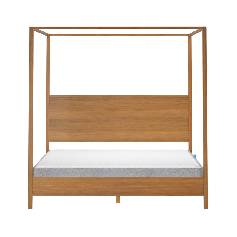 Modern wooden canopy bed frame with white mattress in minimalist design.