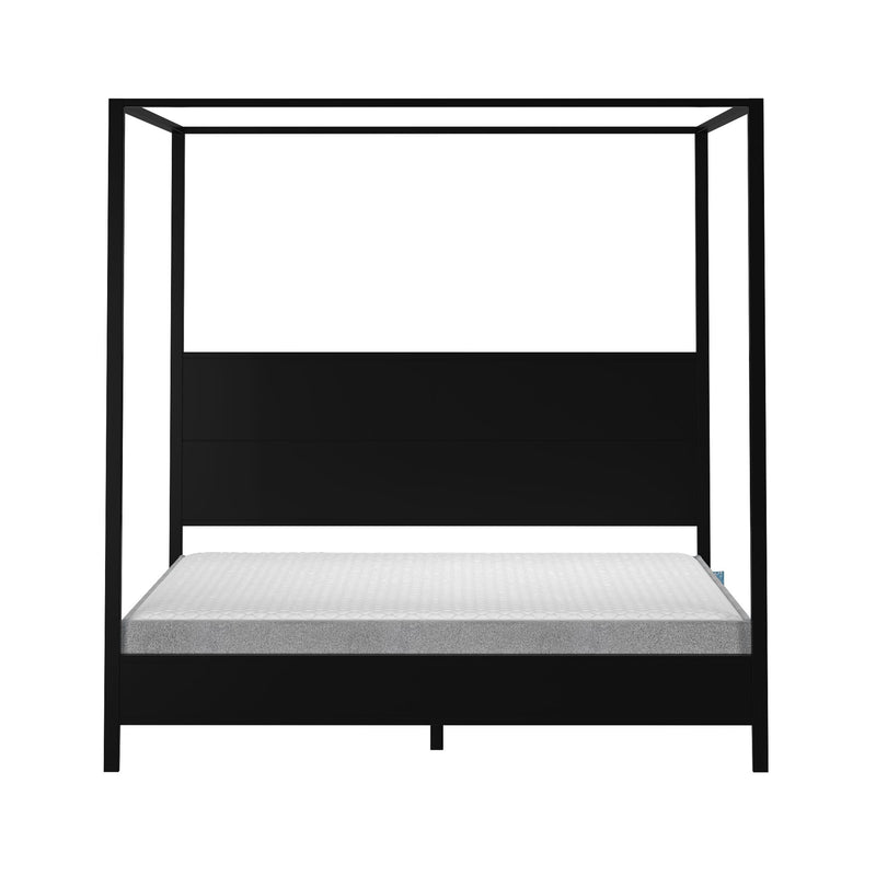 Modern black canopy bed frame with solid panel headboard and low-profile mattress, minimalist platform bedroom furniture