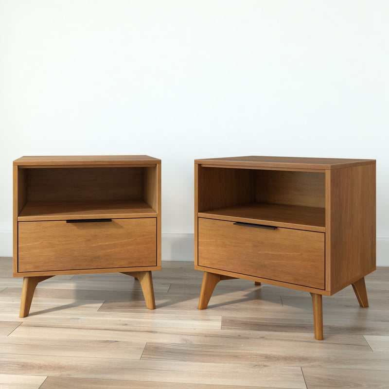 Pair of mid-century modern wooden nightstands bedside tables with open shelf and single drawer on tapered legs in a warm wood finish