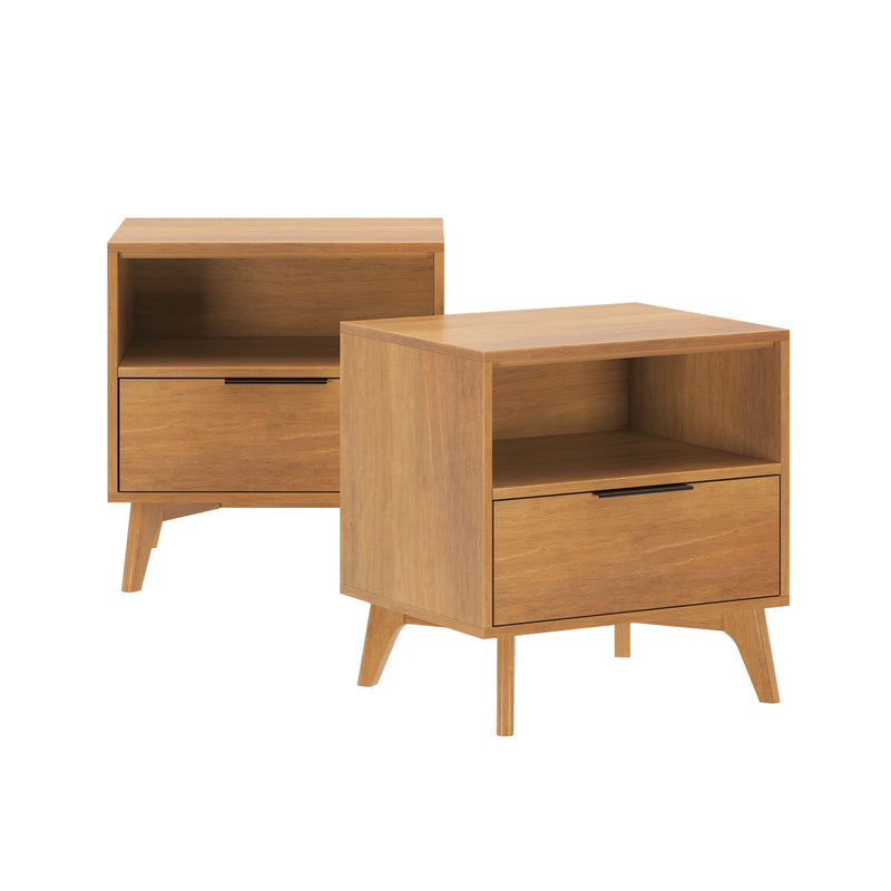 Set of 2 mid-century modern natural oak nightstands/bedside tables with single drawer, open shelf and tapered legs for bedroom storage