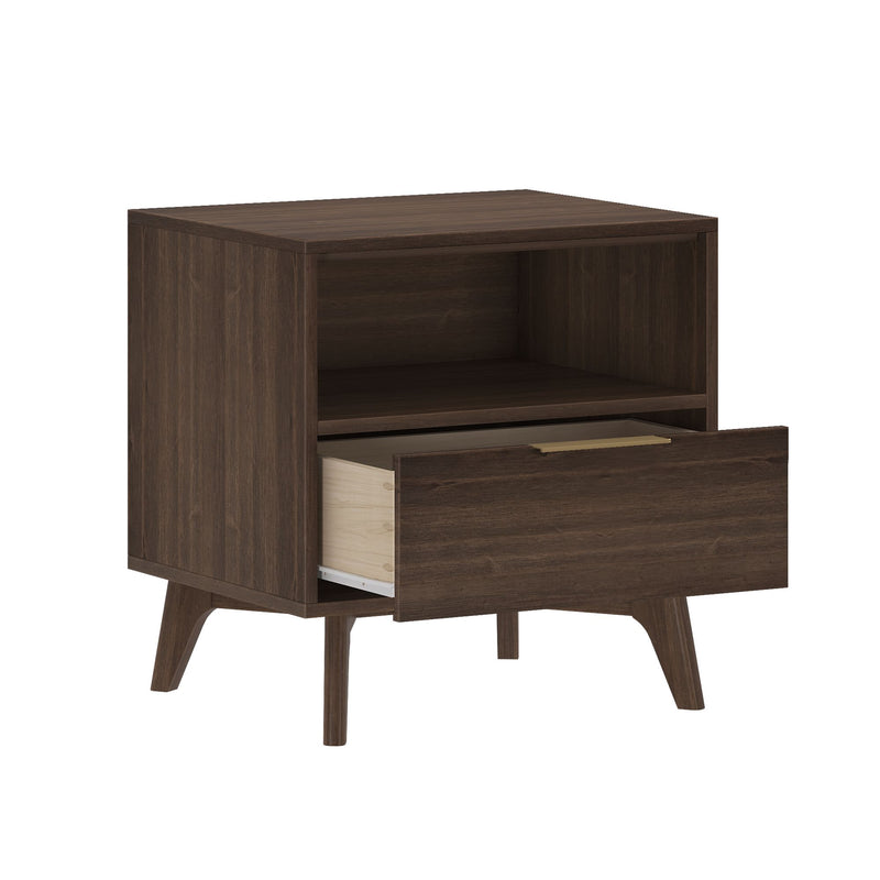 Mid-century modern dark brown wood nightstand with open shelf and single drawer on tapered legs, bedside storage table