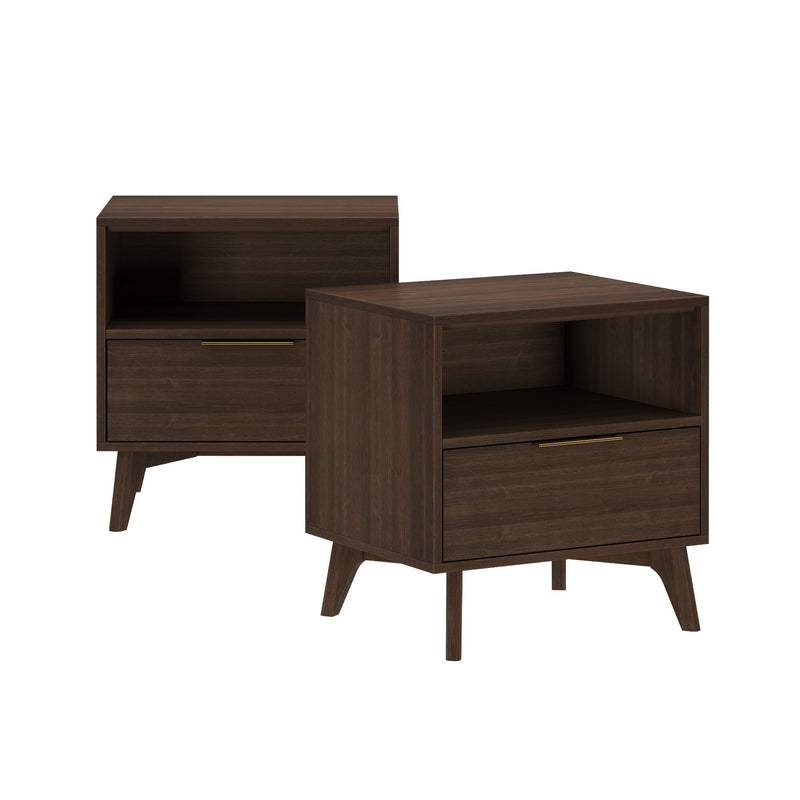 Pair of mid-century modern dark walnut bedside nightstands with angled legs, open shelf and single drawer with brass handle