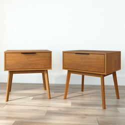 Mid-century modern wooden nightstands with sleek design and storage drawer.