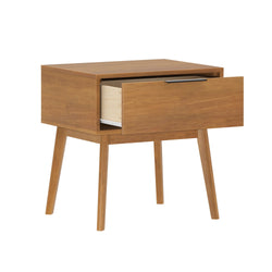 Mid-century modern wooden nightstand with open drawer and tapered legs.