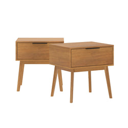 Mid-century modern wooden bedside tables with drawers and tapered legs.