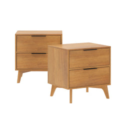 Mid-century modern wooden nightstands with two drawers each, stylish bedroom furniture set.