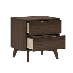 Mid-century modern dark walnut two-drawer nightstand with brass handles and tapered legs, open drawers bedside storage table