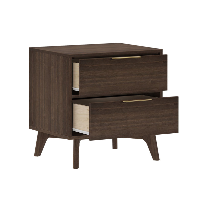 Mid-century modern dark walnut two-drawer nightstand with brass handles and tapered legs, open drawers bedside storage table
