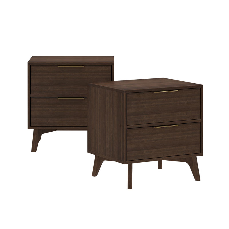 Pair of mid-century modern dark walnut two-drawer nightstands (bedside tables) with tapered legs and gold hardware