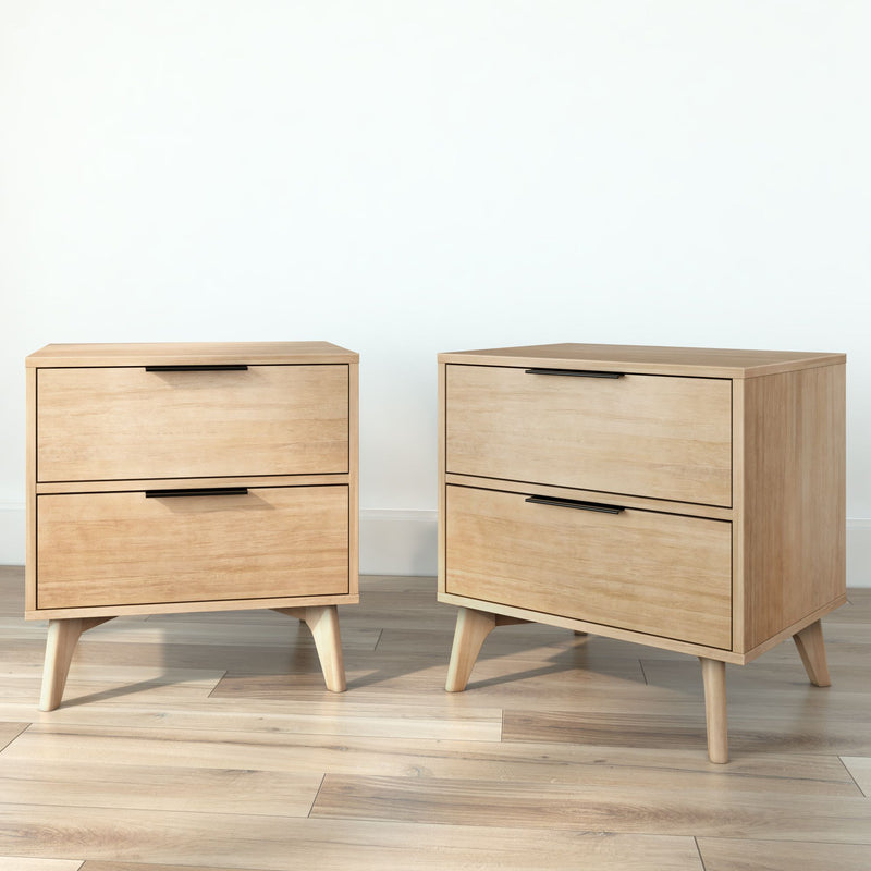 Modern wooden nightstands with two drawers on light wood flooring.