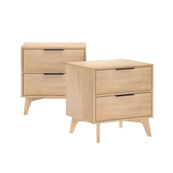 Mid-century modern wooden nightstands with two drawers, perfect for bedroom storage and decor.