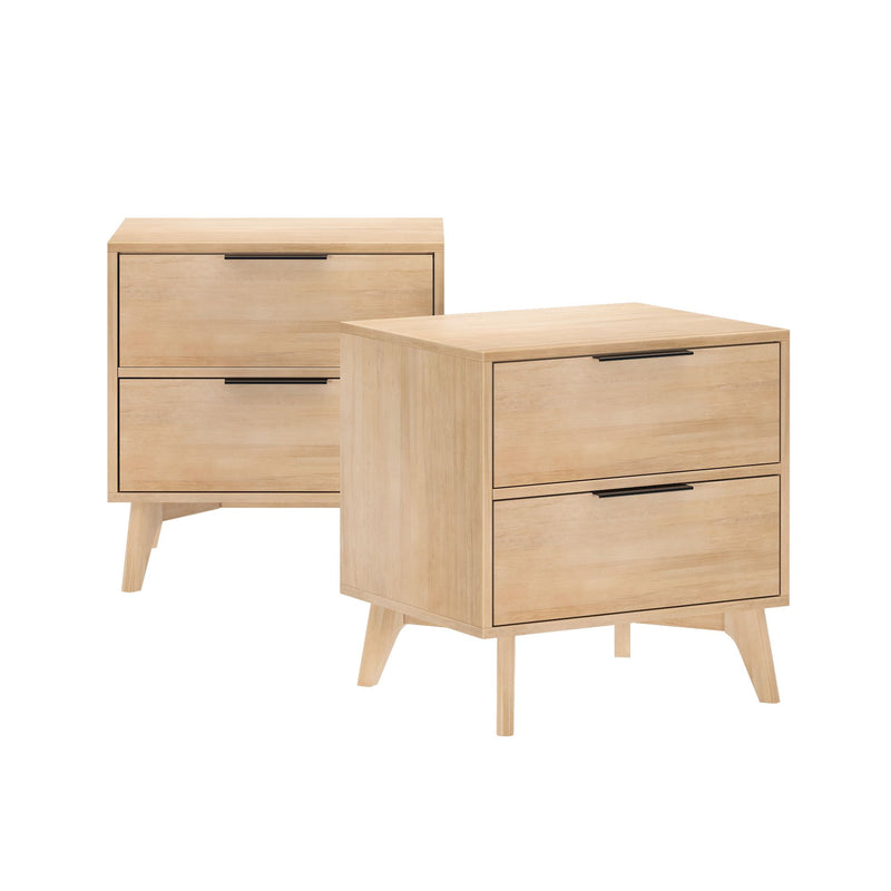 Mid-century modern wooden nightstands with two drawers, perfect for bedroom storage and decor.