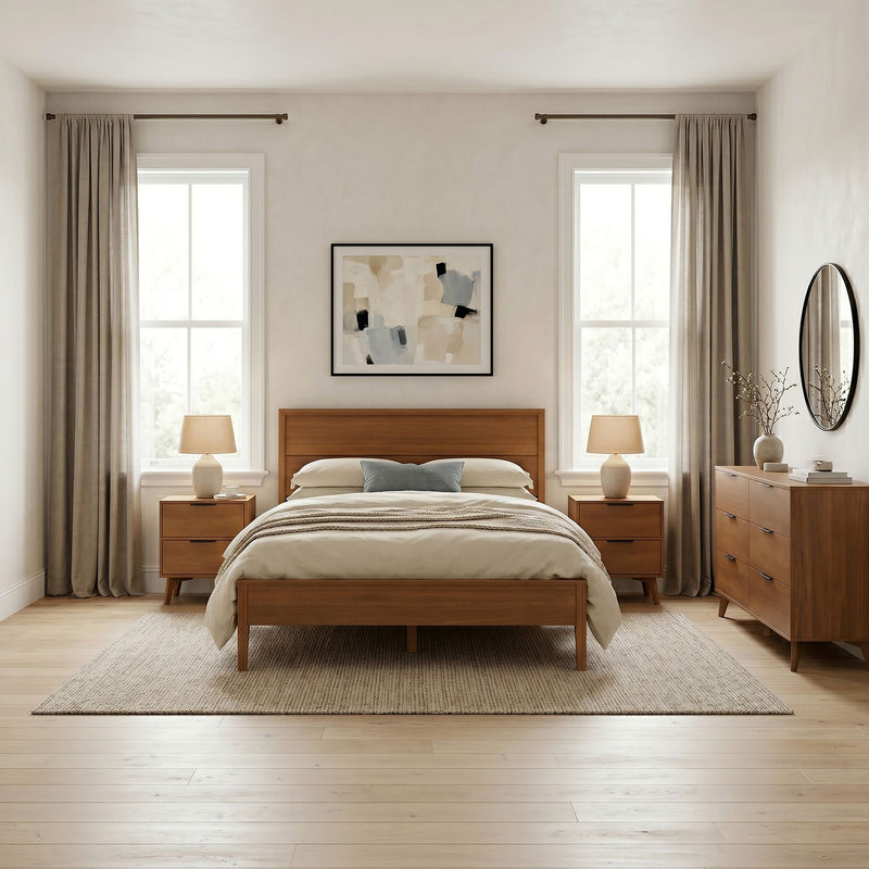 Minimalist mid-century modern bedroom with wooden bed frame, matching nightstands and dresser, neutral linen bedding, beige curtains, bedside lamps, abstract wall art and natural light