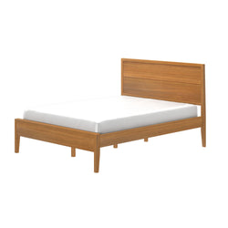 Minimalist solid wood platform bed frame with paneled headboard and white mattress, mid-century modern bedroom furniture