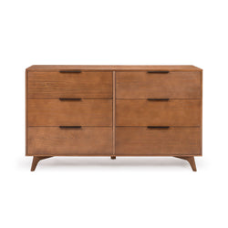 Mid-century modern solid wood 6-drawer walnut dresser with tapered legs and black bar handles for bedroom storage