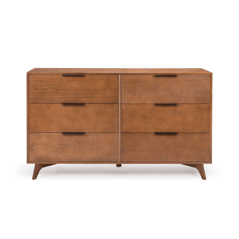 Mid-century modern solid wood 6-drawer walnut dresser with tapered legs and black bar handles for bedroom storage