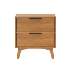 Mid-century modern oak nightstand with two drawers, black bar handles and tapered angled legs for bedroom storage
