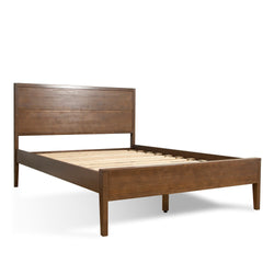 Solid wood platform bed frame with slatted base and paneled headboard in walnut finish, mid-century modern style