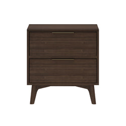 Mid-century modern dark walnut two-drawer nightstand with brass bar handles and tapered legs