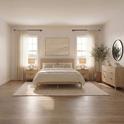 Minimalist neutral bedroom interior with wooden bed frame, matching nightstands and dresser, sheer curtains, bedside lamps, oval wall mirror and potted plant