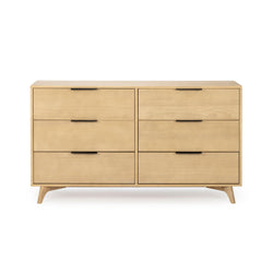 Mid-century modern six-drawer light wood dresser in natural maple with slim black handles and tapered legs, ideal bedroom storage
