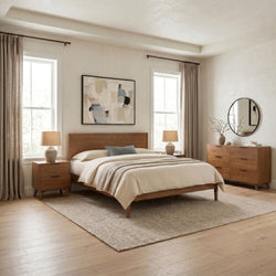 Cozy neutral master bedroom with wooden platform bed, linen bedding, matching nightstands, round mirror and large windows
