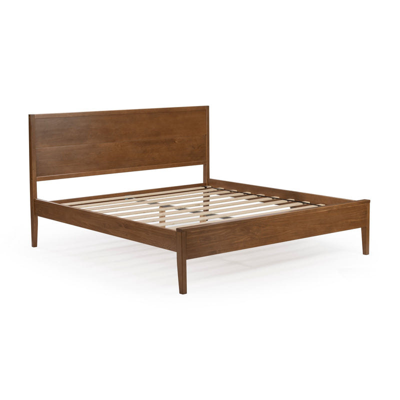 Brown solid wood platform bed frame with slatted mattress support and rectangular headboard, modern minimalist bedroom furniture