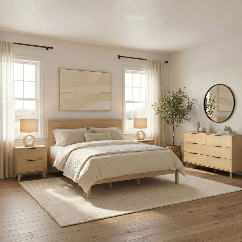Modern minimalist bedroom bathed in natural light with wooden platform bed, neutral linens, light wood nightstands and dresser, sheer curtains, round wall mirror, and potted olive tree
