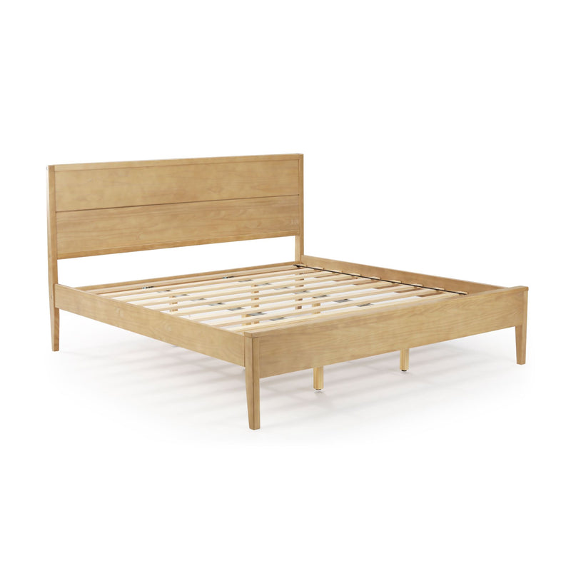 Modern natural wood platform bed frame with slatted base and rectangular headboard in light finish