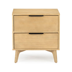 Light wood mid-century modern two-drawer nightstand with black bar handles and tapered legs