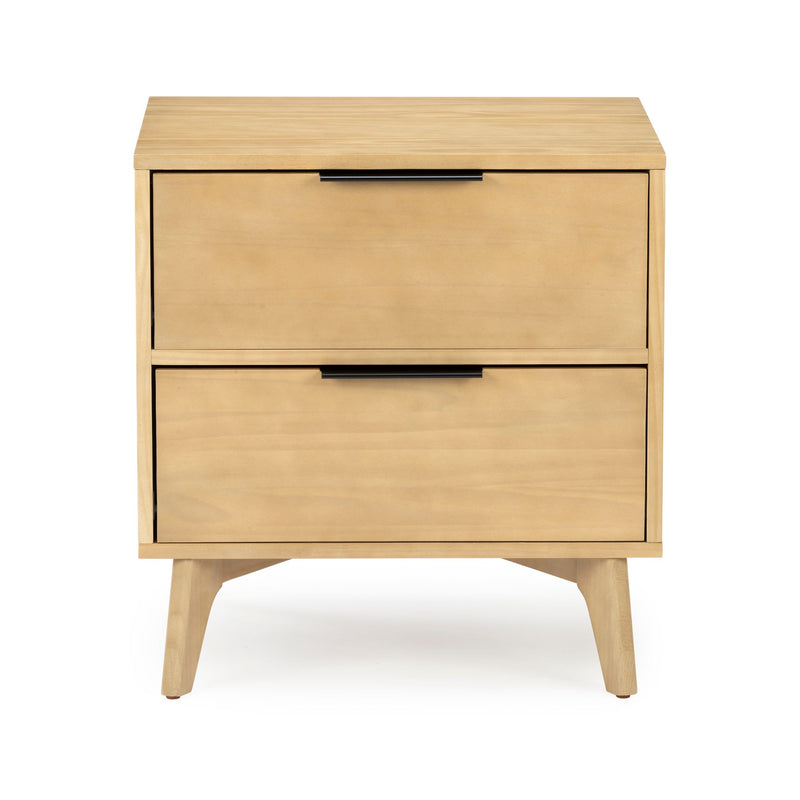 Light wood mid-century modern two-drawer nightstand with black bar handles and tapered legs